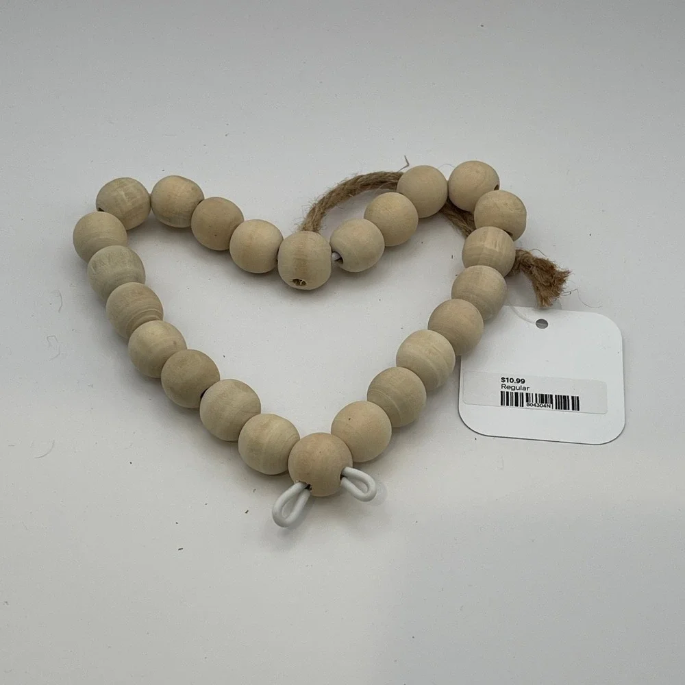 Natural Wood Bead Heart Wreath‎ Rustic Farmhouse Boho Wall Decor Ornament 9 Inch